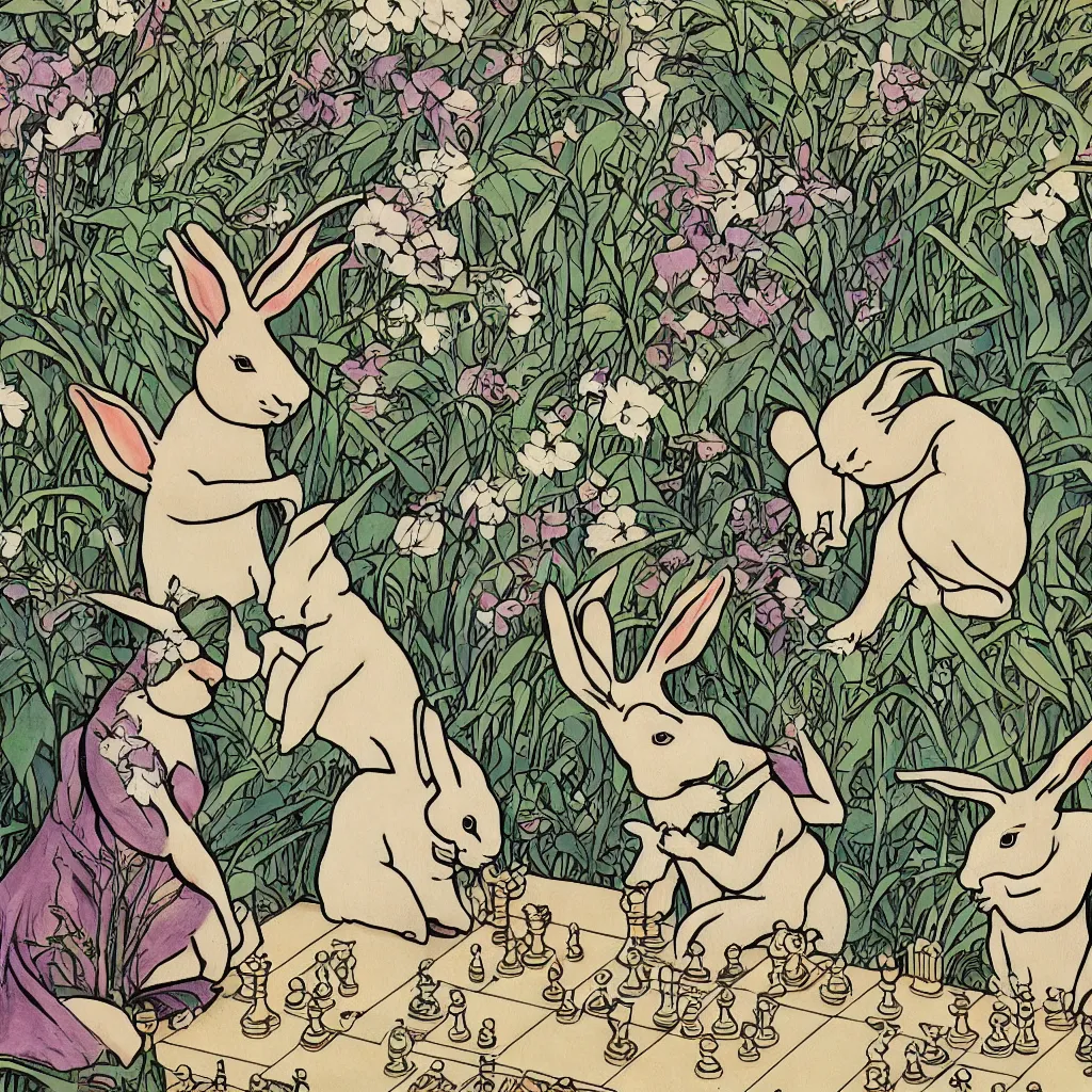 Image similar to Two rabbits playing chess in the art nouveau style