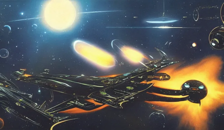 Prompt: !dream A space battle , deep space and galactic fleet at war with aliens in the style of Syd Mead , Chris Foss .