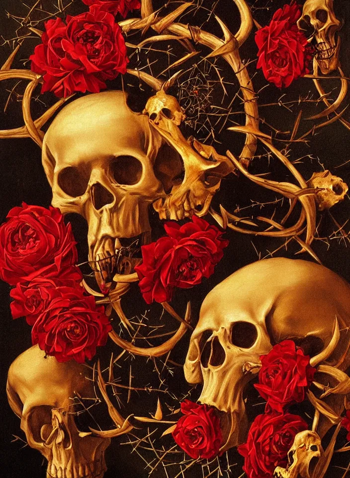Prompt: a golden skull instead of a head, a wreath of thorns, a dress of bones and roses, horns, snakes, smoke, flames, full-length, oil painting in a renaissance style , very detailed, red background, painted by Caravaggio.