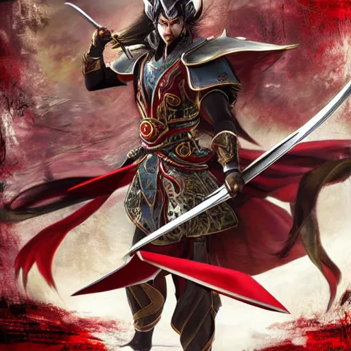 Image similar to lu bu from dynasty warriors, artstation hall of fame gallery, editors choice, #1 digital painting of all time, most beautiful image ever created, emotionally evocative, greatest art ever made, lifetime achievement magnum opus masterpiece, the most amazing breathtaking image with the deepest message ever painted, a thing of beauty beyond imagination or words