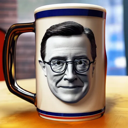 Prompt: stephen colbert face in irish beer mug, 8 k, ultra realistic details