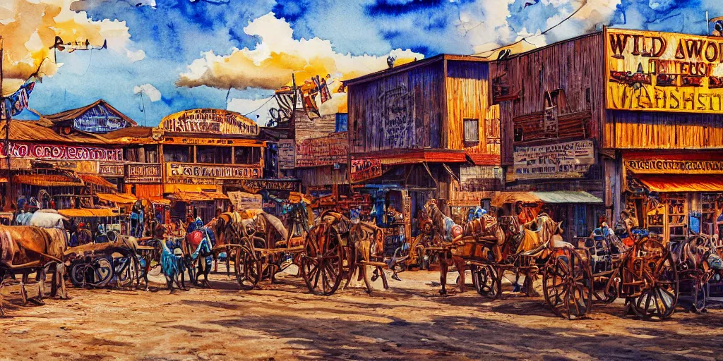 Image similar to watercolor painting of wild west town with very few people, western, old west, vivid colors, warm colors, high production value, intricate details, high resolution, hyperrealistic, hdr, high definition, masterpiece, ultra realistic, highly detailed, hd, sharp focus, non blurry, sharp, smooth