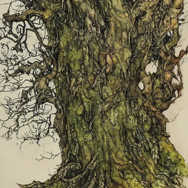 Image similar to a detailed, intricate watercolor and ink illustration with fine lines, of a mossy oak tree, by arthur rackham and edmund dulac and ted nutall