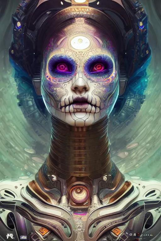 Prompt: portrait of ultra detailed female android deity, scifi, fantasy, octane render, dia de los muertos, intricate concept art, beautiful eyes, triadic color scheme, art by artgerm and kuciara and greg rutkowski and alphonse mucha and loish and wlop