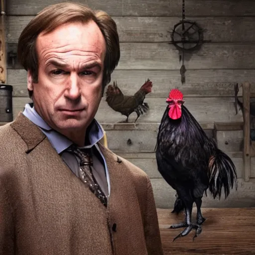 Image similar to saul goodman and a rooster in a medieval torture chamber, saw blades and knives in the background, horror movie, saul goodman!!, rooster!!!!, real life photo, detailed face