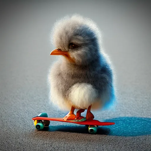 Image similar to fluffy chick riding mini skateboard, photorealistic