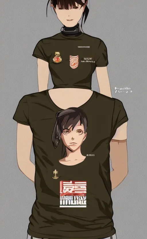 Image similar to T-shirt design, portrait of soldier girl, 2022 anime style, clean logo, graphic templates, flight squadron insignia, vintage colors, soldier clothing, realistic military gear, inspired by shirt designer, made in blender, no background, vector line art, by ilya kuvshinov, trending on teemill, symbology, realistic human anatomy, high resolution, matte, empty hands, realistic military carrier