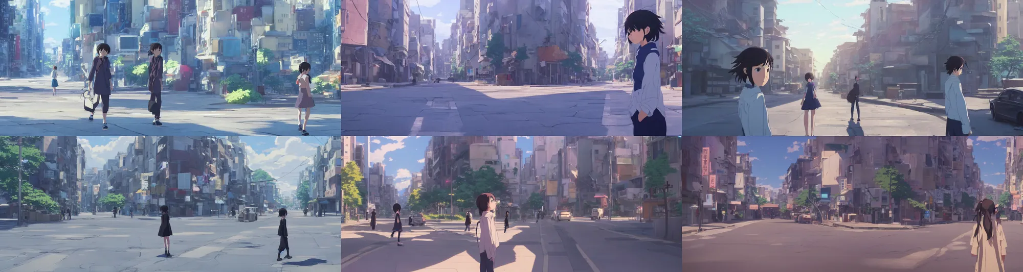 Prompt: A screenshot of the girl on the a quiet city street in the scene in the Makoto Shinkai anime film Kimi no na wa, pretty rim highlights and specular