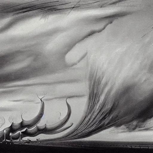 Image similar to An abstract painting of a tornado made of elephants and pianos by Salvador Dali, black and white color palette, dusk