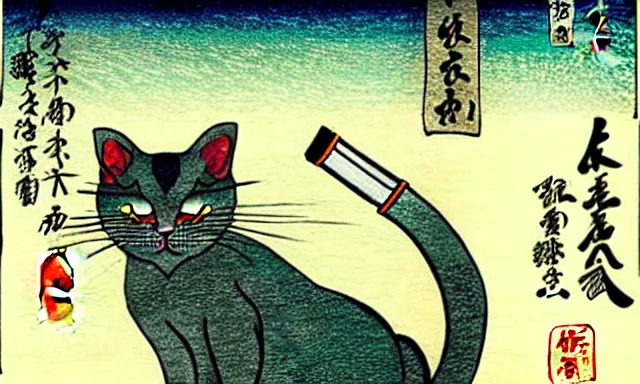 Prompt: stoner cat smoking gandalf pipe with cannabis leaf background, in the style of hiroshige, japanese woodblock, classical japanese art, traditional japanese art, kitty, cat, neko, weed, marijuana, cannabis, highly detailed, beautiful colors, award winning, ink and watercolor