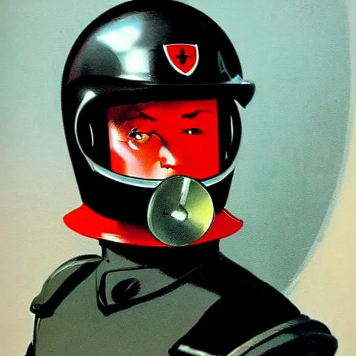 Image similar to a retrofuturistic security officer wearing black helmet and red uniform, vintage, retrofuturism, art by marc davis, marc davis artwork, poster