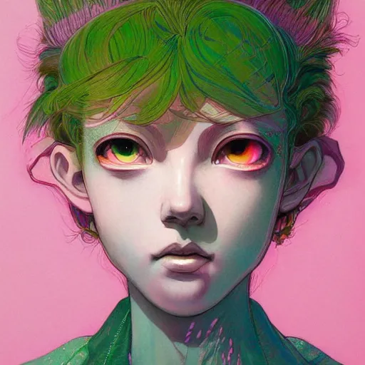 Prompt: prompt : pink and green portrait soft light painted by james jean and katsuhiro otomo and erik jones, inspired by evangeleon anime, smooth face feature, intricate oil painting, high detail illustration, sharp high detail, manga and anime 1 9 9 0