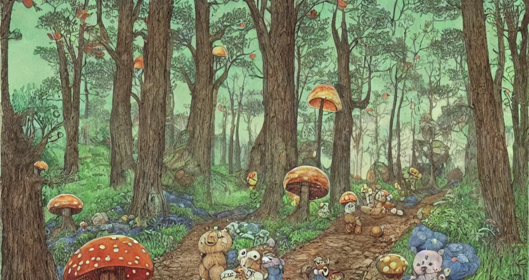 Image similar to teddy bear traveling on a forest road, with by lots of different kind on animals, small and big fairy tale buildings, giant mushrooms, weird creatures, highly detailed, fantasy art, fairy tale illustration, book illustration, by sven nordqvist, by studio ghibly, by tove jansson