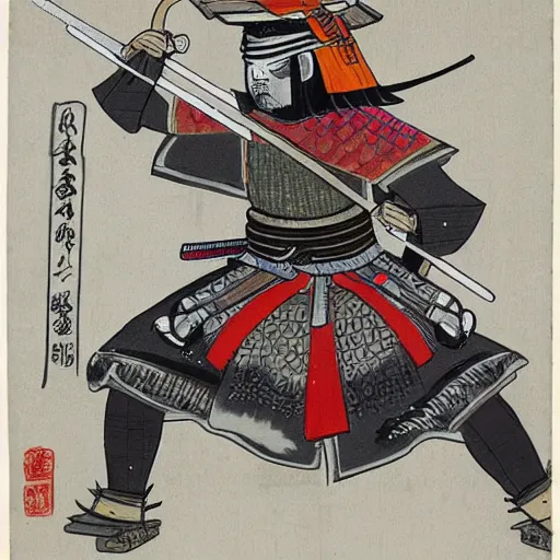 Image similar to samurai with helmet and sword in fighting position, asian styled house in background