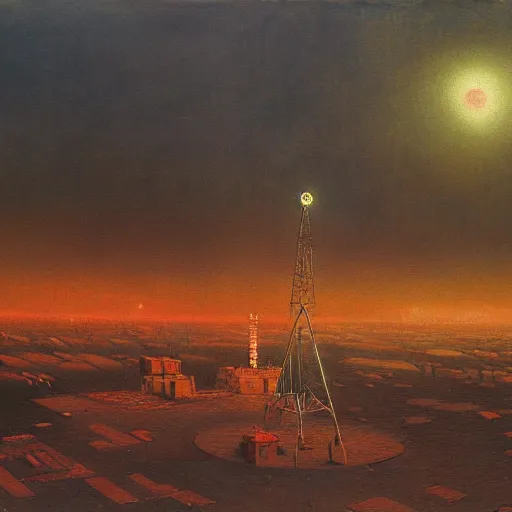 Image similar to detailed painting of a satellite station, exterior, ornaments, volumetrics lights, beam of bright lights through the clouds, beksinski, bougeureau