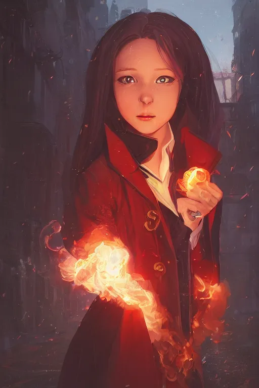 Image similar to a portrait of a cute young female wizard wearing a very stylish coat and holding a fireball, embers flying, urban fantasy setting, narrow street, vivid colors, warm lighting, atmospheric, cinematic, moody, in the style of Ilya Kuvshinov and Range Murata, Krenz Cushart, oil on canvas, 8k