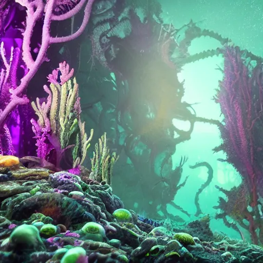 Prompt: a very beautiful lovecraftian world underwater with ultra realist waves underwater, curiosities dark fantasy carnival, symmetry accurate features, focus, very intricate ultrafine details, green purple aqua volumetric lights, award winning masterpiece, octane render 8 k hd