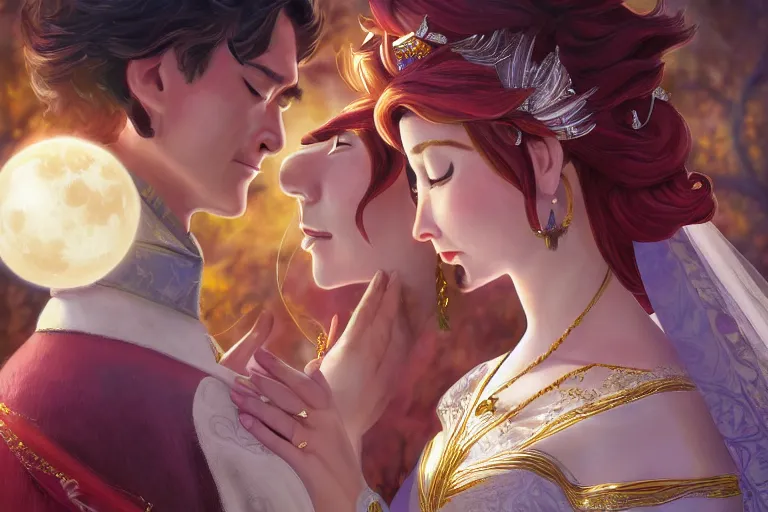 Image similar to a cinematic portrait of wedding photograph jpeg close up moment of a divine a japan sun god and moon goddess lovers magician at a wedding banquet. portraiture. digital painting. artstation. concept art. wedding photo. illustration. frozen ii art masterpiece by art by krenz cushart