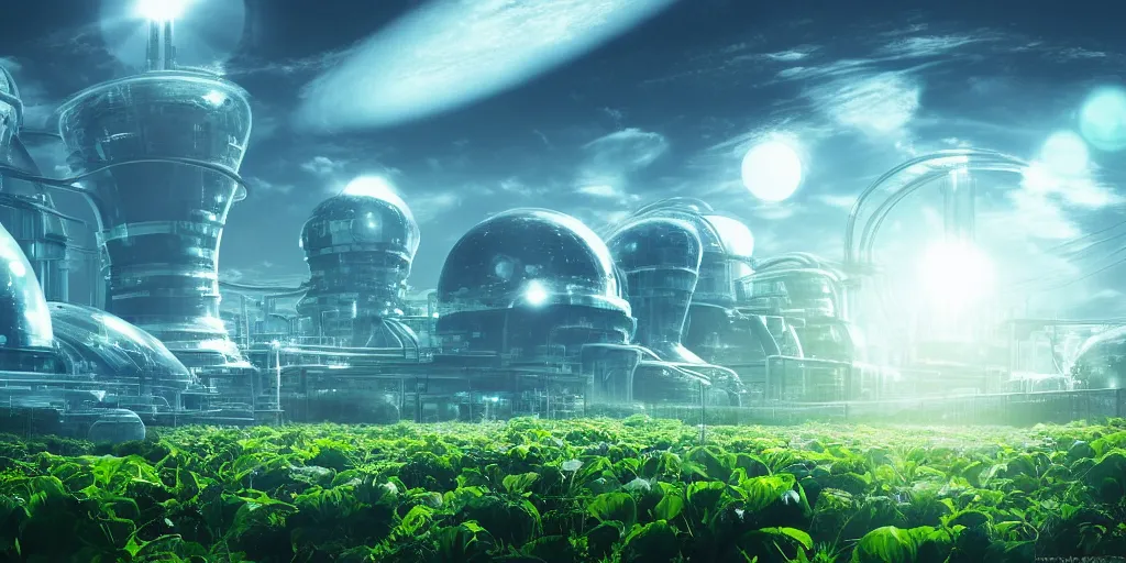 Prompt: beautiful scifi power plant, limitless energy inside, white city far away, blue sky, alien round shape, green plants, futuristic, magical feeling, detailed, digital art