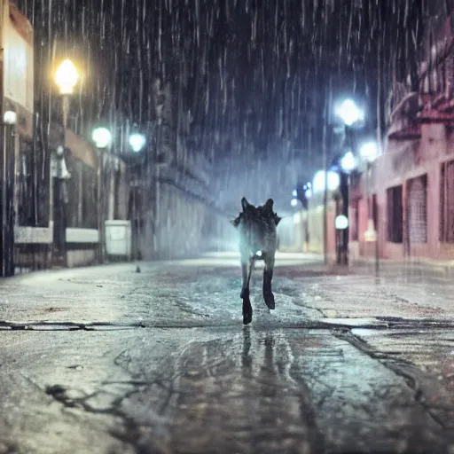 Image similar to an anthropomorphic male wolf running in the streets, night, rain, cinematic, photograph, volumetric lighting, f 8 aperture, cinematic eastman 5 3 8 4 film, photorealistic