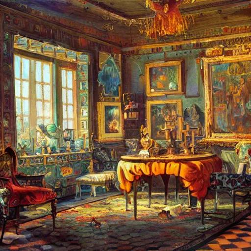 Prompt: a fancy painting of a room filled with riches, science fiction, colorful palette, very detailed,