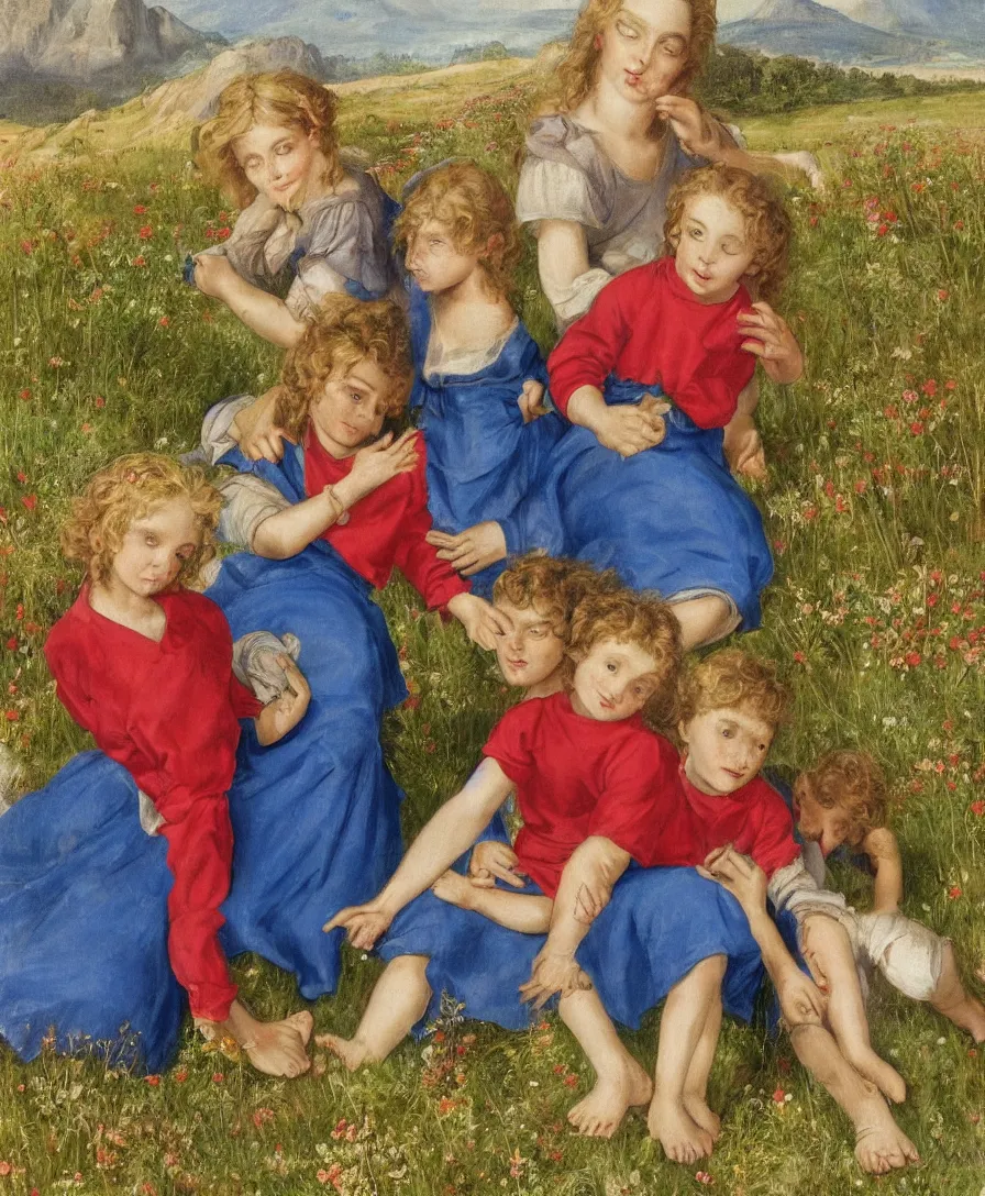 Prompt: Only three people in the picture: Detailed Portrait of beautiful Madonna with blue skirt and a red shirt and two boys playing in the style of Raffael. The boys are very small and only cloth is blue linen. They are sitting in a dried out meadow. In the background, there is a lake with a town and mountains. Flat perspective.