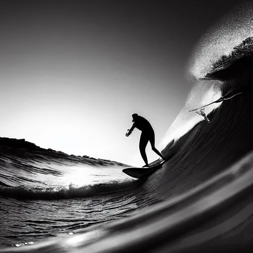 Image similar to a cyborg wearing welding goggles surfs a wave in waimea bay on a 1 0 - foot wooden longboard at sunset, black and white film photograph.