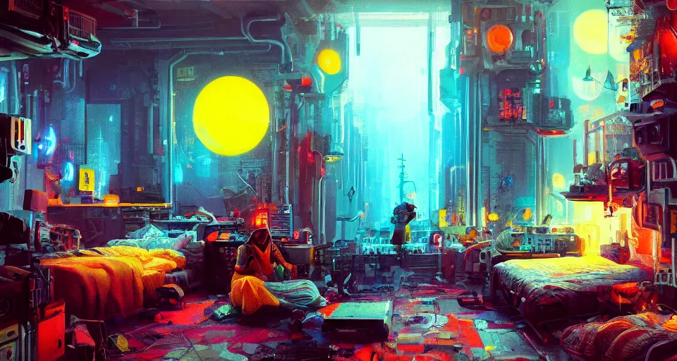 Image similar to IKEA catalogue photo of a cyberpunk bedroom, by Paul Lehr, 8k, HD, realistic, cinematic, artstation, details