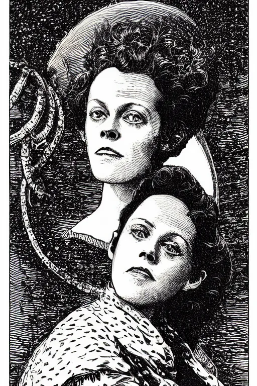 Prompt: 19th century wood-engraving of Sigourney Weaver, whole page illustration from Jules Verne book titled Alien, art by Édouard Riou Jules Férat and Henri de Montaut, frontal portrait, high quality, very beautiful, highly detailed, removed watermarks