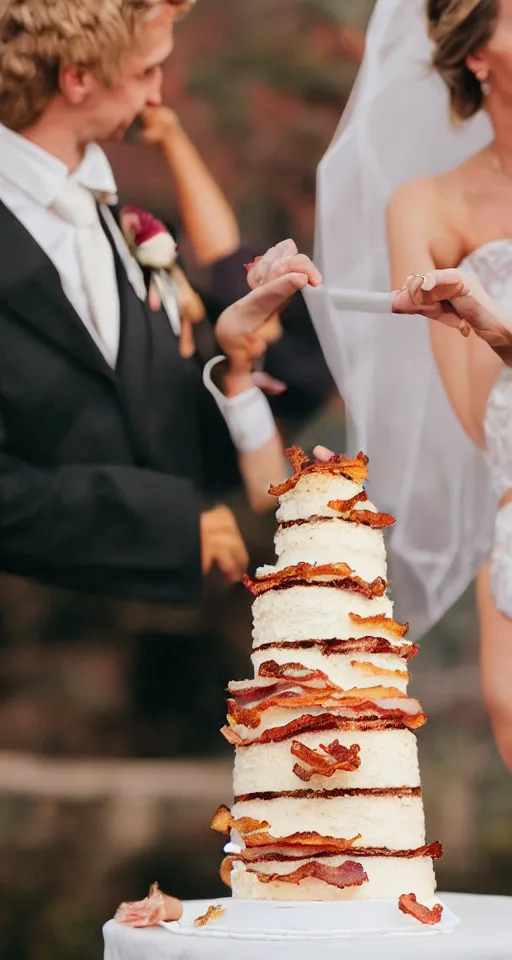 Image similar to a wedding cake made of bacon, professional food photo, by linda eastman, bride and groom on top of the wedding cake,