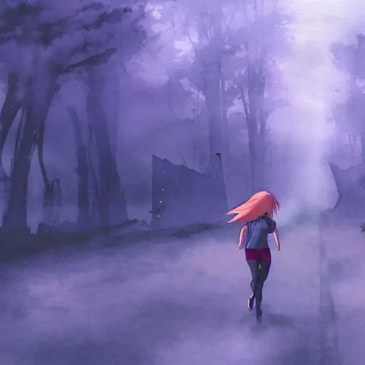 Prompt: anime, incredible wide screenshot, ultrawide, simple watercolor, rough paper texture, ghost in the shell movie scene, girl in a dress running through the beautiful forest city, outdoors, fireflies bleached ground, mud, fog, dust