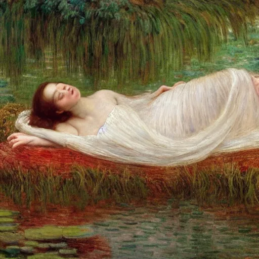 Prompt: breathtaking masterpiece of art, elizabeth eleanor siddall as ophelia laying down in water floating down the river amongst the reeds fully covered in robes fully clothed in flowing medieval robes by rosetti and monet, 8 k