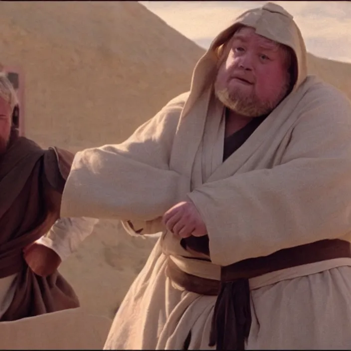 Image similar to obi wan kenobi but obese!! and overweight, photoralistic rendering, movie still, screenshot, hyperdetailed