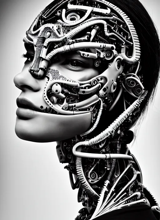 Image similar to a stunning young female cyborg profile face, face is made intricate tribal bio - mechanical, editorial photography, bw, shot on 7 0 mm, depth of field, f / 2. 8, high contrast, 1 6 k, rays of shimmering light, volumetric lighting, shiny, insanely detailed and intricate, hypermaximalist, elegant, ornate, hyper realistic, super detailed