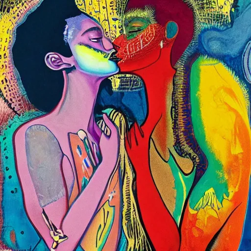 Image similar to beautiful painting of two bizarre psychedelic women kissing each other closeup in an aquarium in spain, speculative evolution, mixed media collage by basquiat and alex grey, magazine collage art, sapphic art, lesbian art