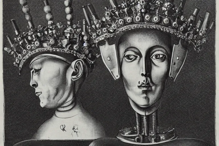 Prompt: Portrait of a robot wearing a crown and a royal mantle by Hans Baldung