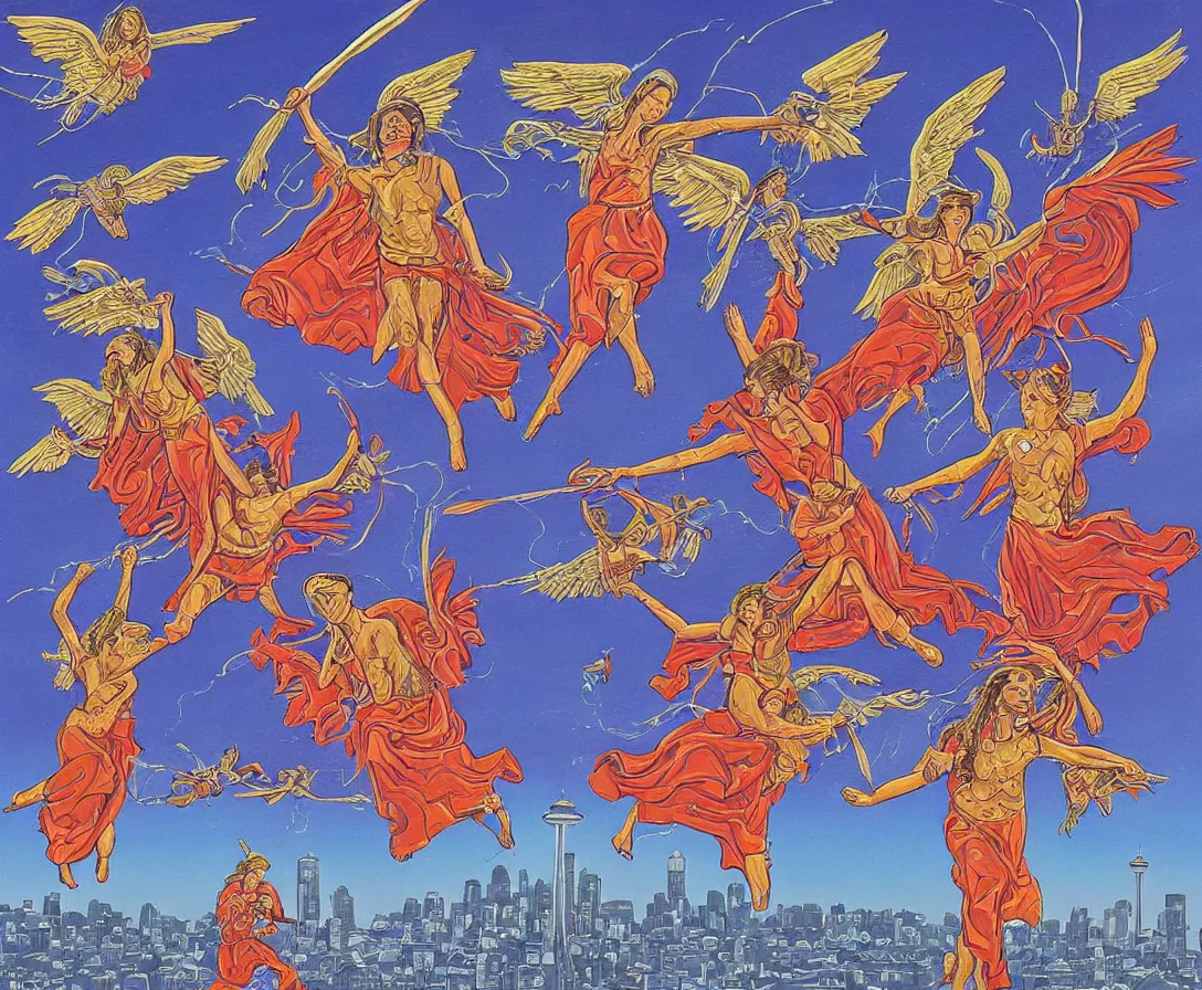 Image similar to sacred angels fighting in the skies of seattle, gouache, stylised, by mati klarwein and moebius