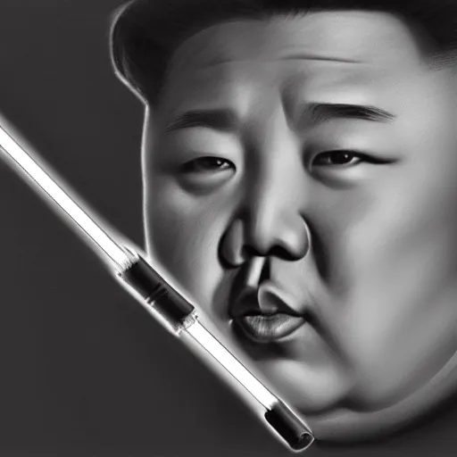 Image similar to a very detailed pencil drawing of kim jong un holding a lightsaber 4 k, high resolution, still, landscape, hd, dslr, hyper realistic, sketch