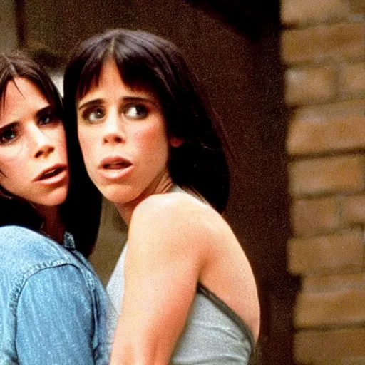 Image similar to High quality movie still of Neve Campbell and Jennifer Love Hewitt in a new throwback 1990s horror film