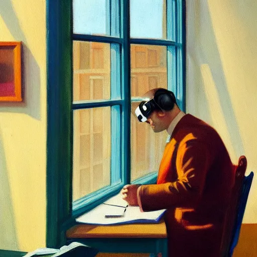 Prompt: A fine art painting of a man wearing Vr goggles at a desk through a window on a British street. In the style of Edward Hopper and Wes Anderson