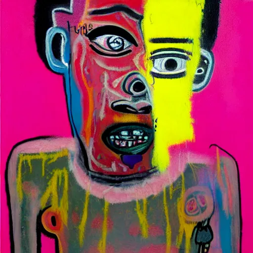 Image similar to pink and yellow and red detailed neo expressionism oil painting of sad boy rapper crying with tattoos by basquiat