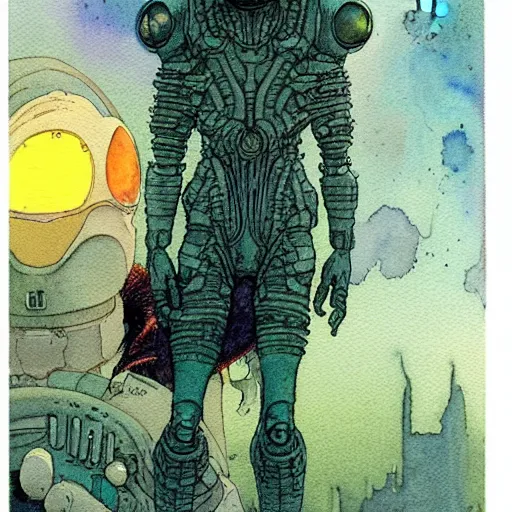 Image similar to a simple and atmospheric watercolour pulp sci - fi alien, very muted colors, by rebecca guay, michael kaluta, charles vess and jean moebius giraud