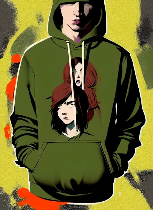 Image similar to highly detailed portrait of a sewer style seattle student, tartan hoody, by atey ghailan, by greg rutkowski, by greg tocchini, by james gilleard, by joe fenton, by kaethe butcher, gradient green, brown, blonde crea, orange, brown and white color scheme, grunge aesthetic!!! ( ( graffiti tag wall background ) )