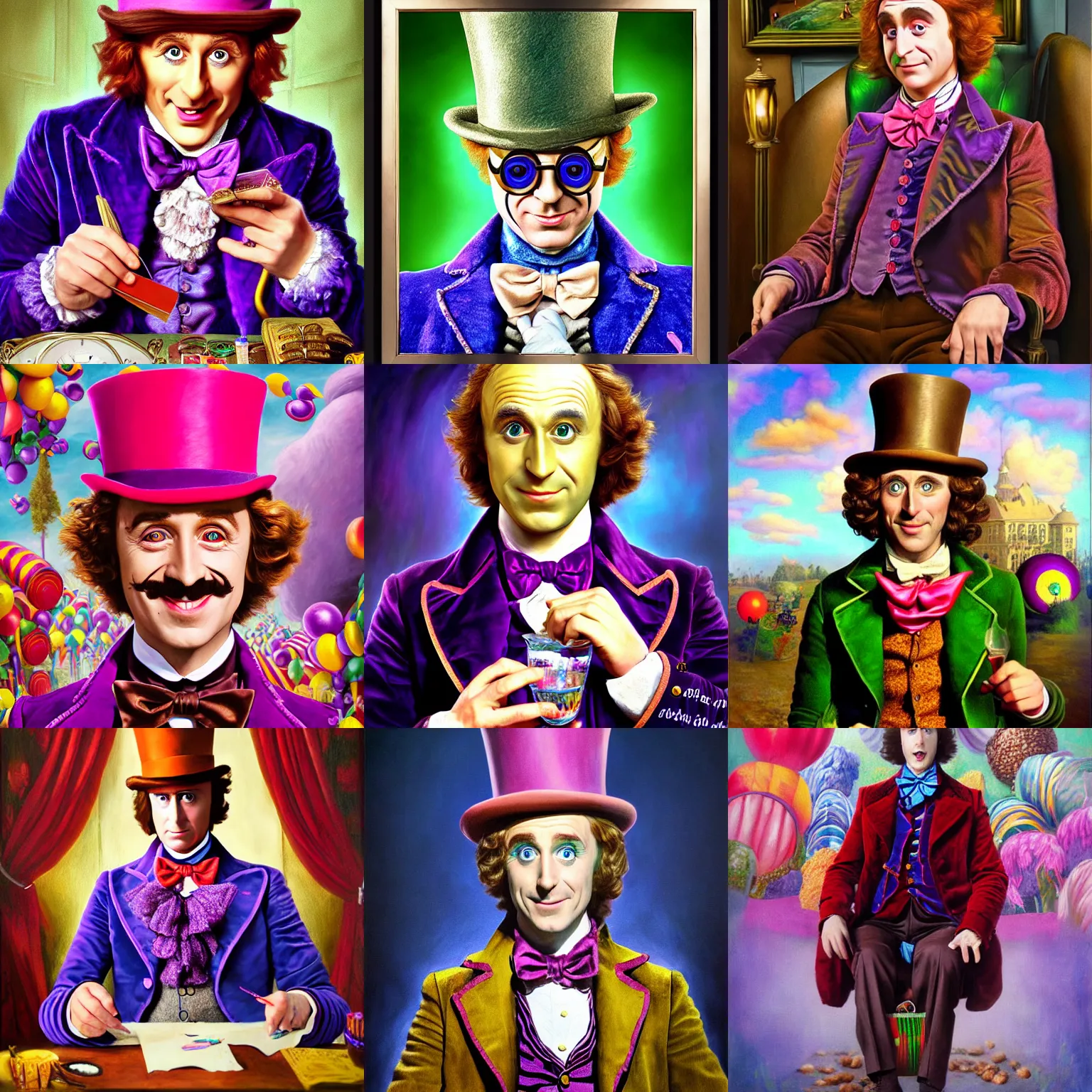 Prompt: portrait of Willy Wonka in Wonderland, realistic painting, classical painting, high definition, digital art, matte painting, very detailed, realistic
