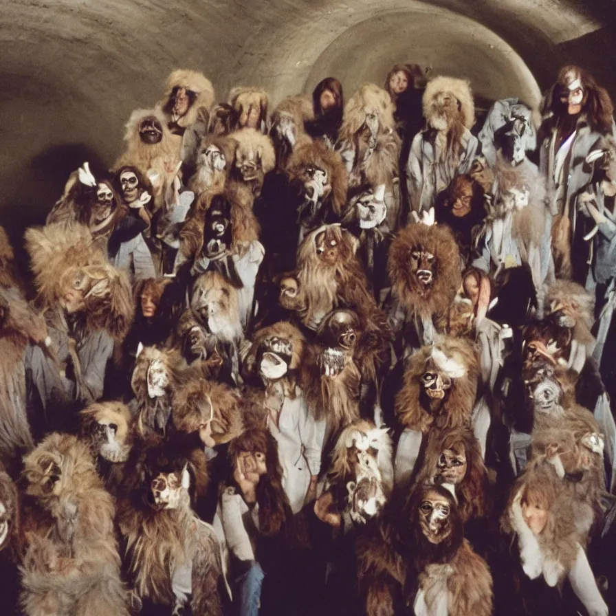 Prompt: 7 0 s movie still of cult members with taxidermic moth masks in a spiral tunnel, cinestill 8 0 0 t 3 5 mm, heavy grain, high quality, high detail