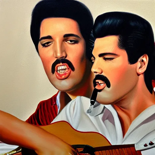 Image similar to elvis presley and freddie mercury singing together, oil painting, trending on art station, 8 k