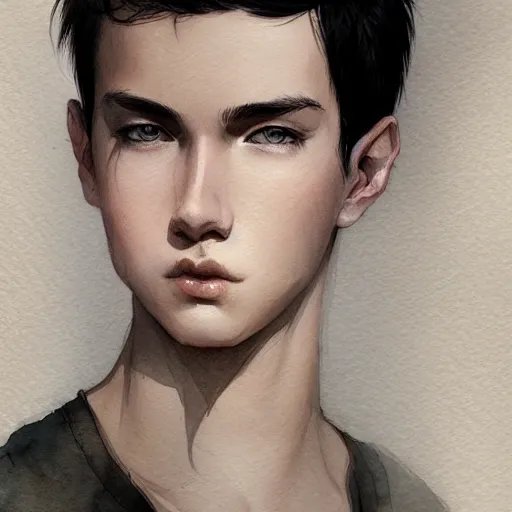Image similar to teen boy, young, black hair, short hair, georgeus, elegant, intricate, sharp focus, highly detailed, artstation, watercolor, by charlie bowater and ross tran