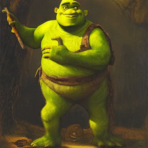 Prompt: painting of shrek in his swamp in Rembrandt style