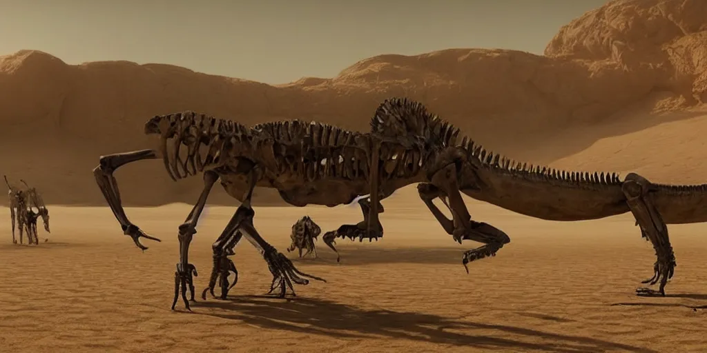 Image similar to screenshot from a movie, epic matte painting of a giant reptile skeleton in a sandy desert with scientists in the foregroud for scale, cinematic cinematography masterpiece, greg rutkowski, and ivan aivazovski, roger deakins
