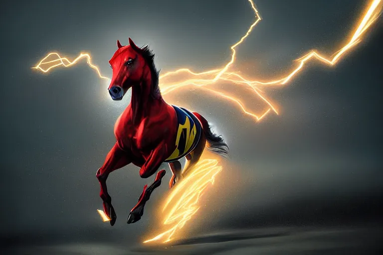 Image similar to a stunning digital painting of a horse as the flash in costume running in the speedforce by greg rutkowski, volumetric light, digital art, fine detail, photorealistic